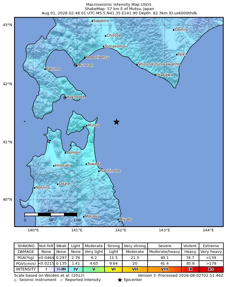 USGS ShakeMap intensity contours for the M5.5 earthquake near 57 km E of Mutsu, Japan