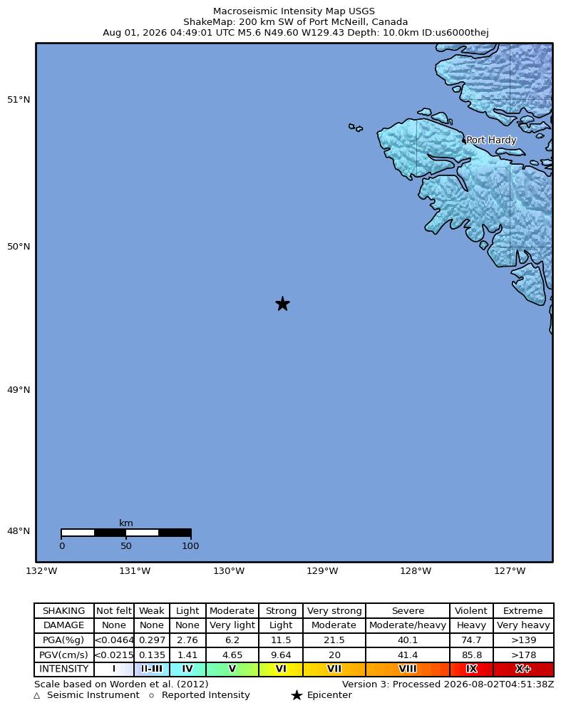 USGS ShakeMap intensity contours for the M5.6 earthquake near 200 km SW of Port McNeill, Canada