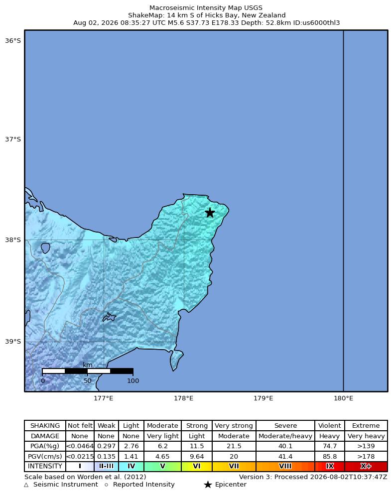 USGS ShakeMap intensity contours for the M5.6 earthquake near 14 km S of Hicks Bay, New Zealand