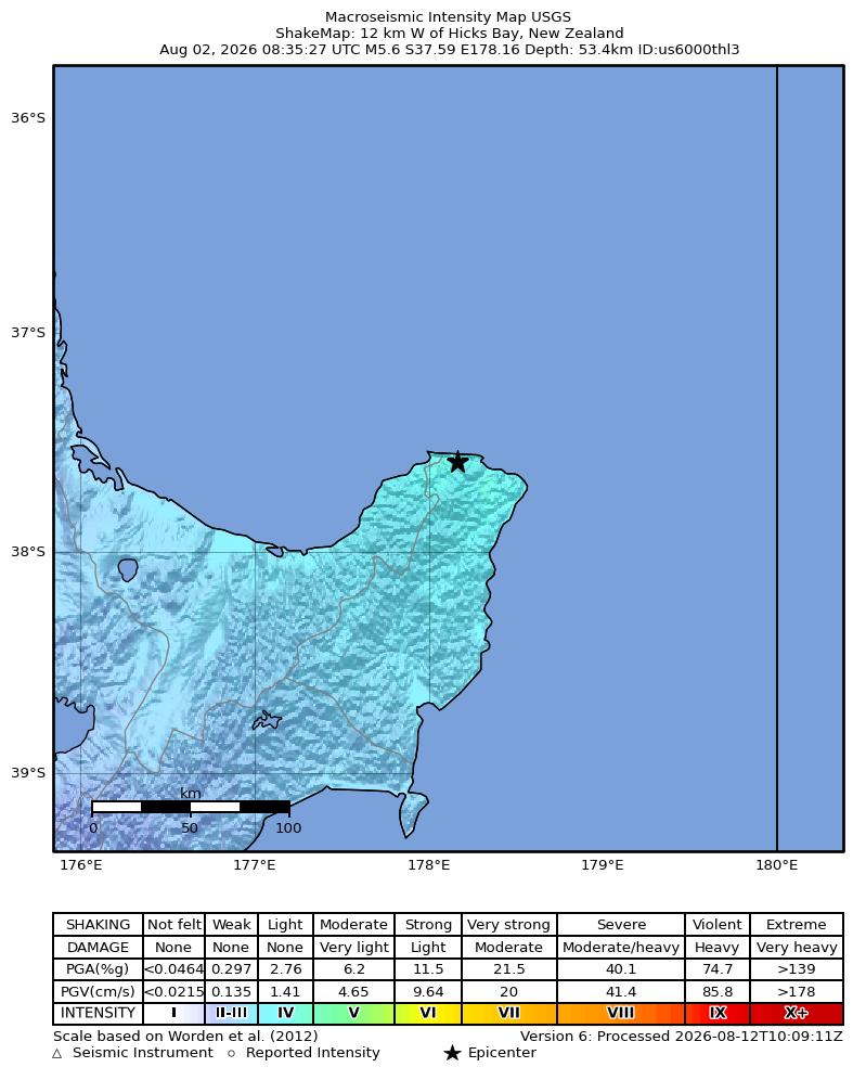 USGS ShakeMap intensity contours for the M5.6 earthquake near 12 km W of Hicks Bay, New Zealand