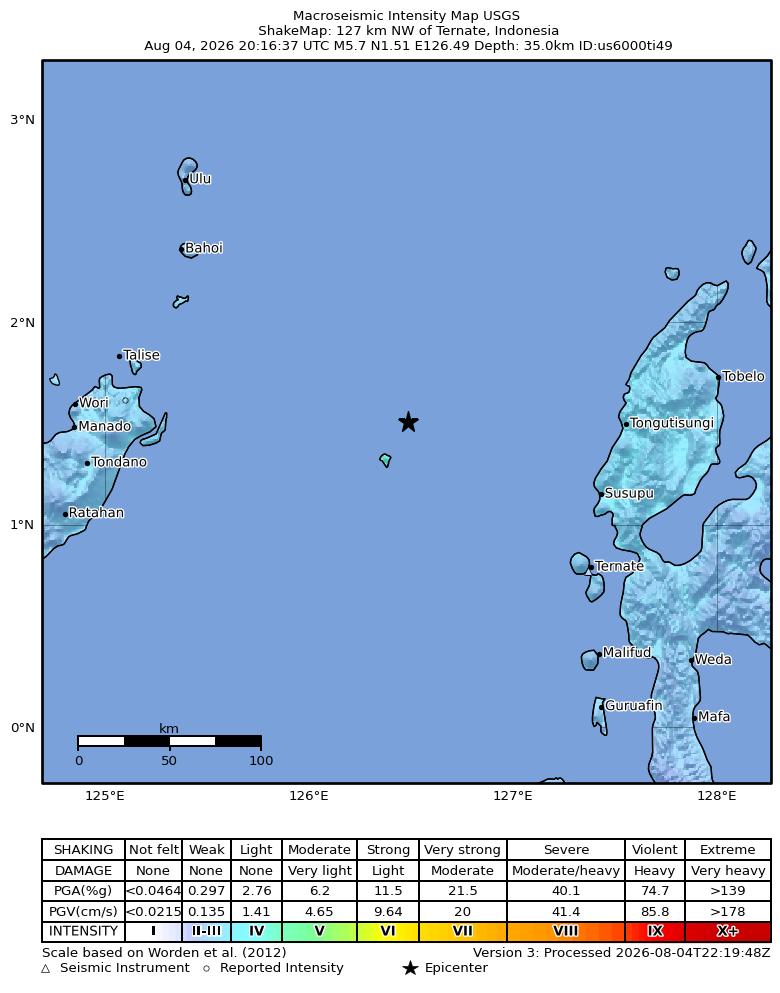 USGS ShakeMap intensity contours for the M5.7 earthquake near 127 km NW of Ternate, Indonesia