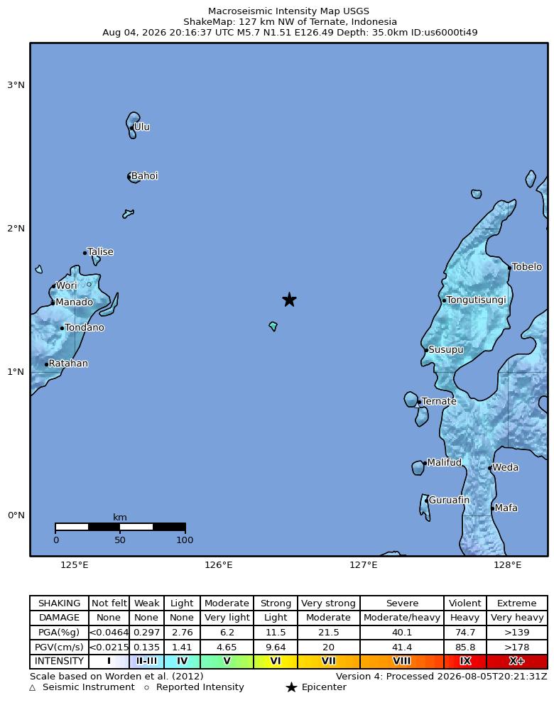 USGS ShakeMap intensity contours for the M5.7 earthquake near 127 km NW of Ternate, Indonesia