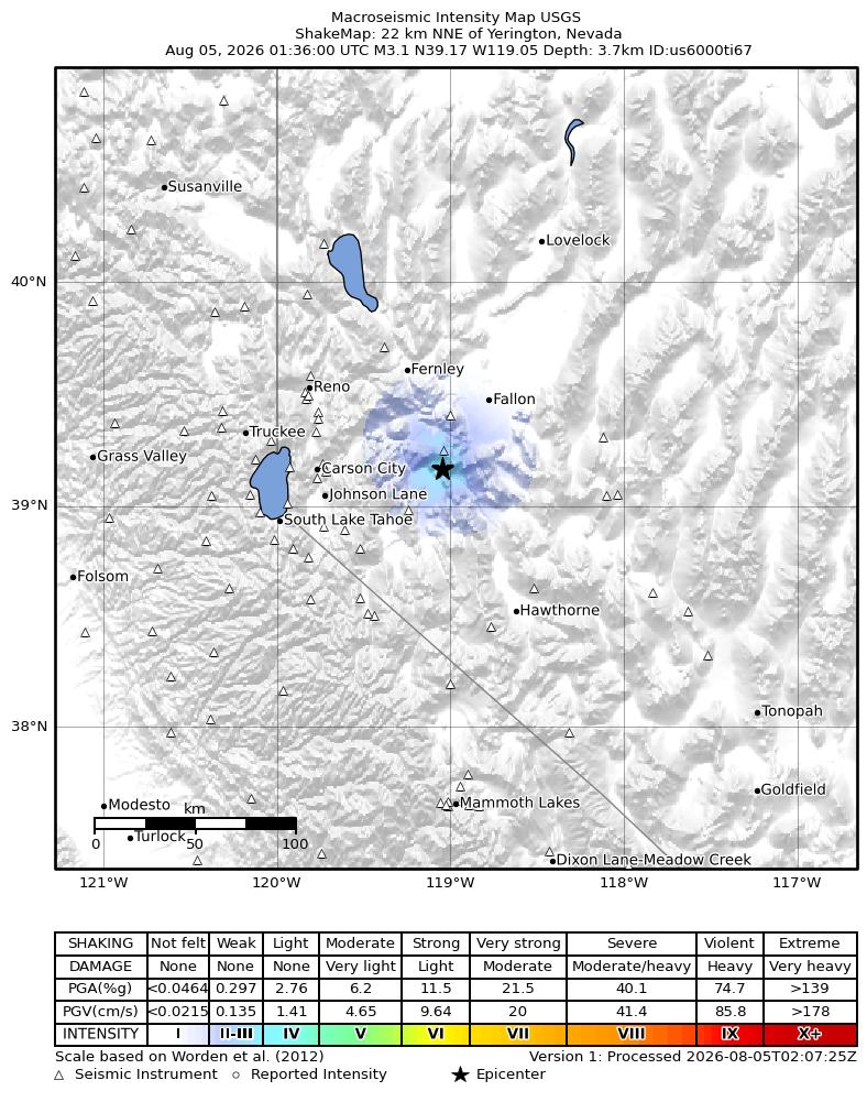 USGS ShakeMap intensity contours for the M3.2 earthquake near 22 km NNE of Yerington, Nevada
