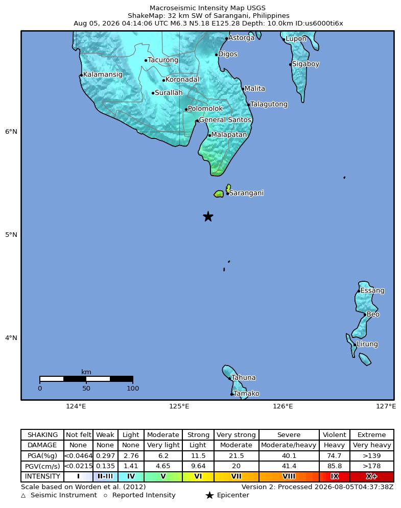 USGS ShakeMap intensity contours for the M6.3 earthquake near 32 km SW of Sarangani, Philippines
