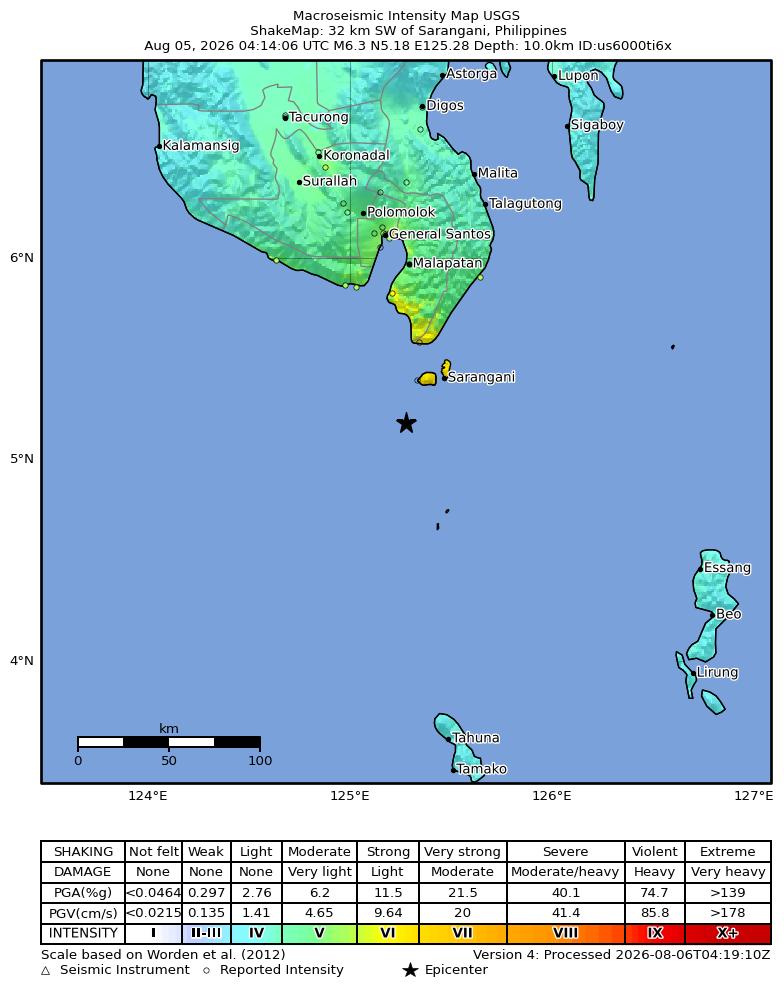 USGS ShakeMap intensity contours for the M6.3 earthquake near 32 km SW of Sarangani, Philippines