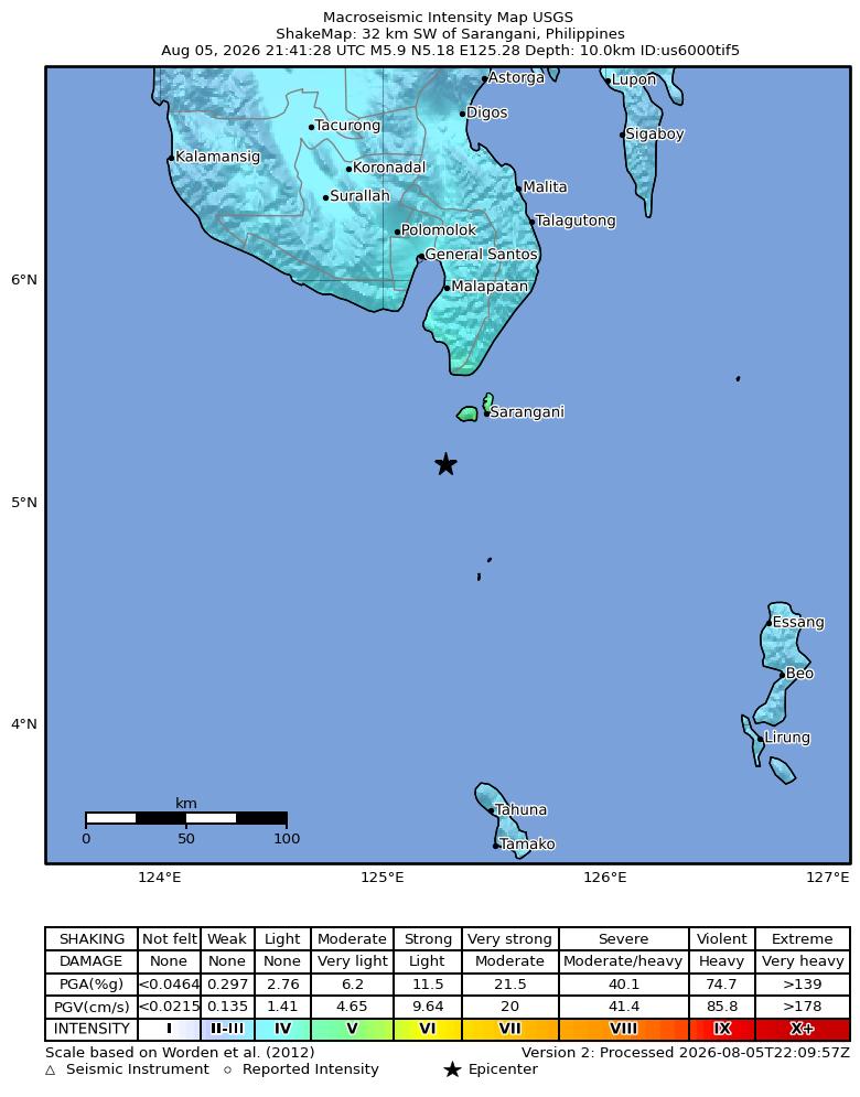 USGS ShakeMap intensity contours for the M5.9 earthquake near 32 km SW of Sarangani, Philippines