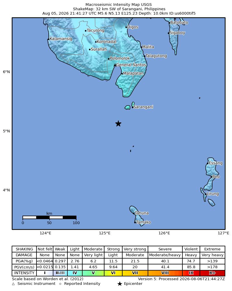 USGS ShakeMap intensity contours for the M5.6 earthquake near 40 km SW of Sarangani, Philippines