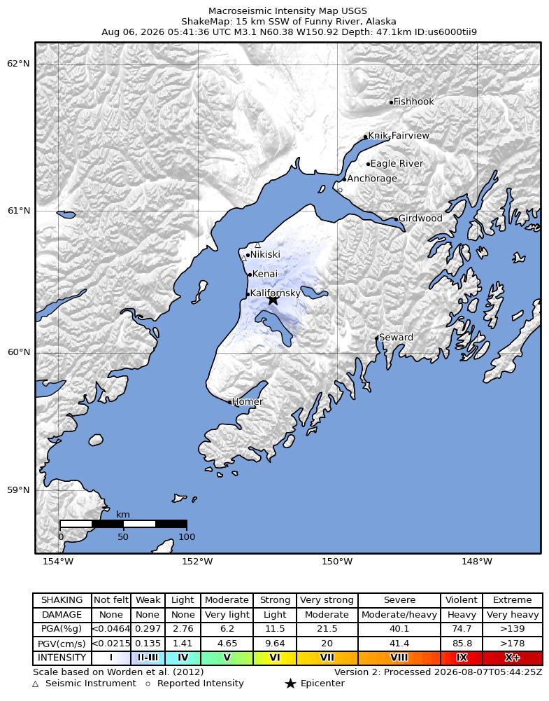 USGS ShakeMap intensity contours for the M3.1 earthquake near 16 km SSW of Funny River, Alaska