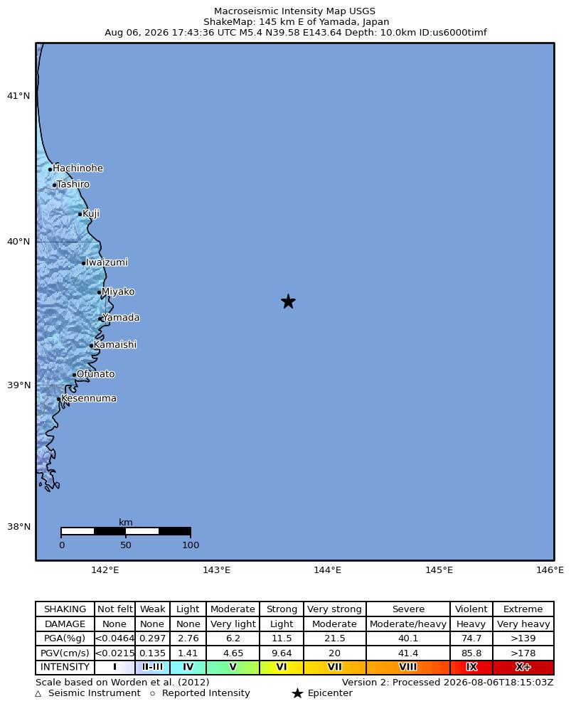 USGS ShakeMap intensity contours for the M5.4 earthquake near 145 km E of Yamada, Japan