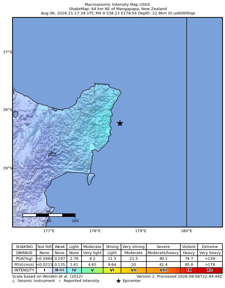 USGS ShakeMap intensity contours for the M4.9 earthquake near 64 km NE of Mangapapa, New Zealand