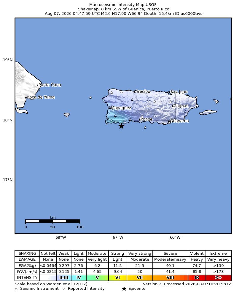 USGS ShakeMap intensity contours for the M3.6 earthquake near 8 km SSW of Guánica, Puerto Rico
