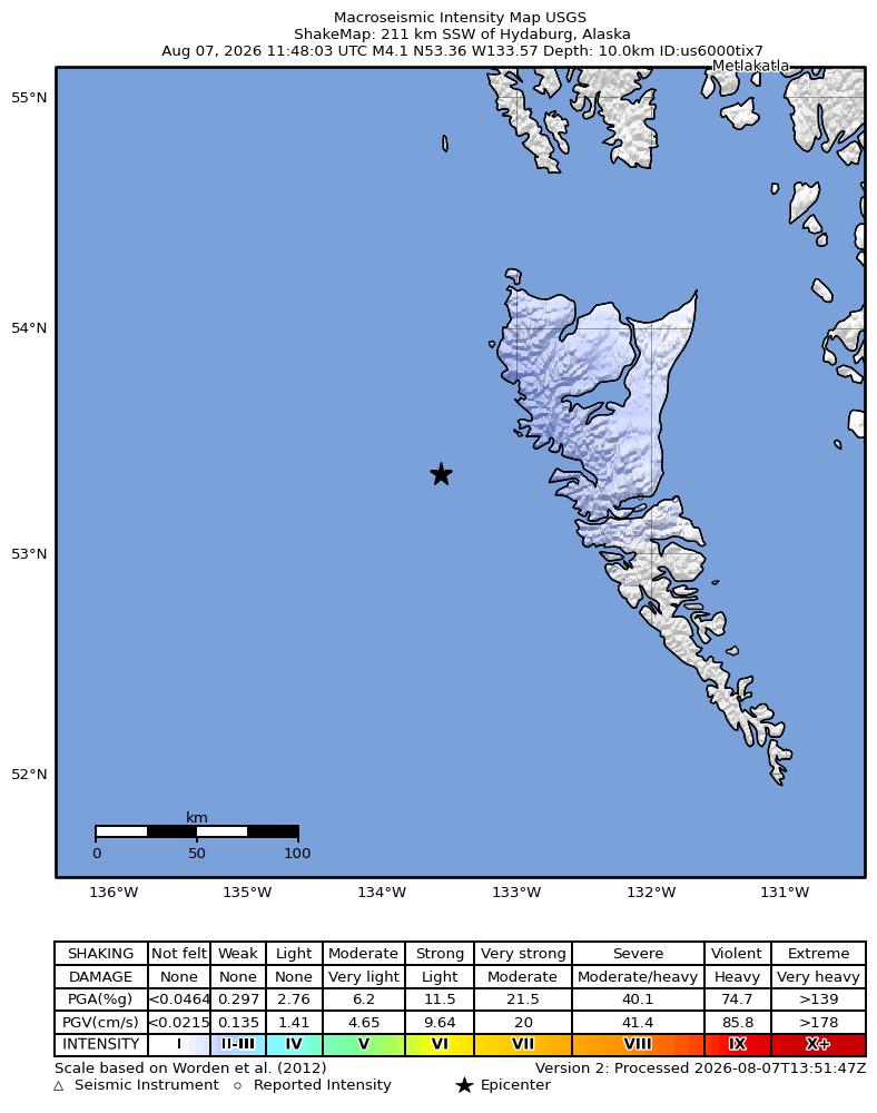 USGS ShakeMap intensity contours for the M4.1 earthquake near 211 km SSW of Hydaburg, Alaska