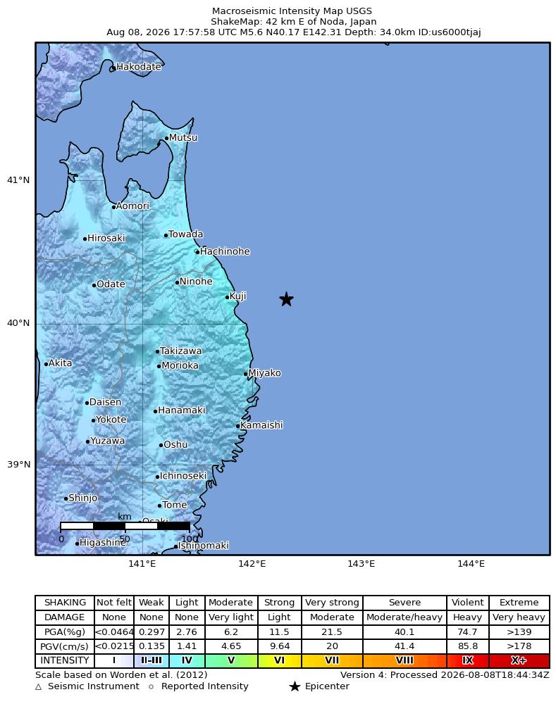 USGS ShakeMap intensity contours for the M5.6 earthquake near 42 km E of Noda, Japan