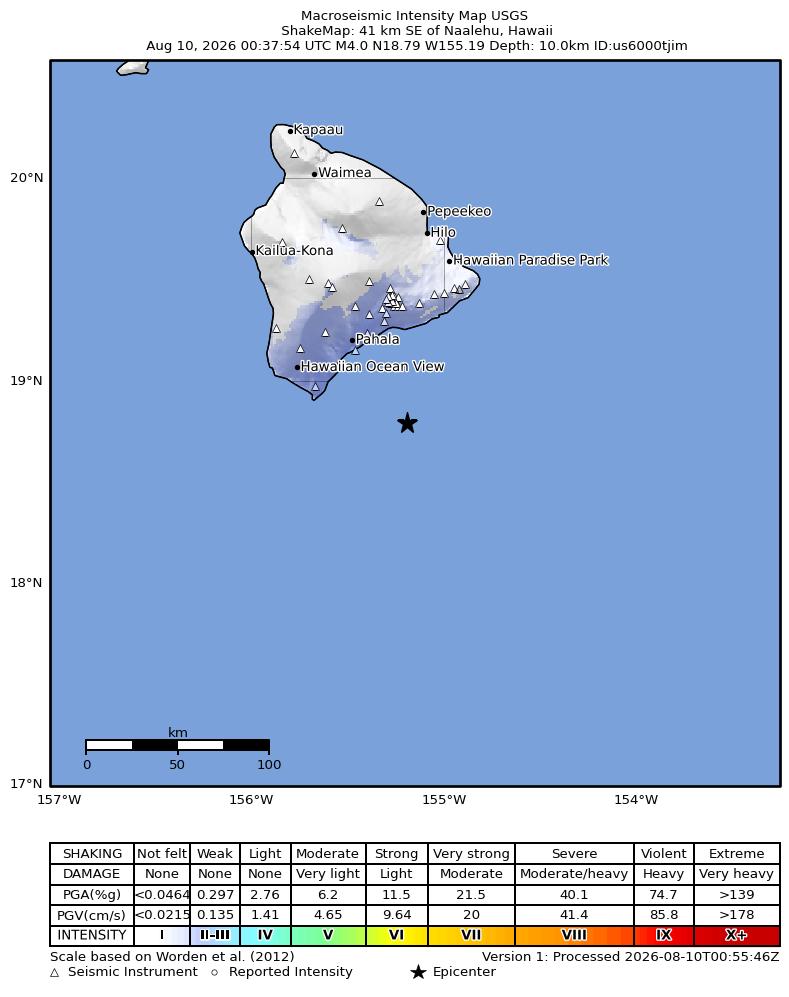 USGS ShakeMap intensity contours for the M3.9 earthquake near 42 km SE of Naalehu, Hawaii