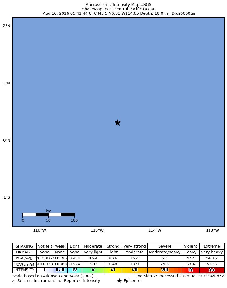 USGS ShakeMap intensity contours for the M5.5 earthquake near east central Pacific Ocean