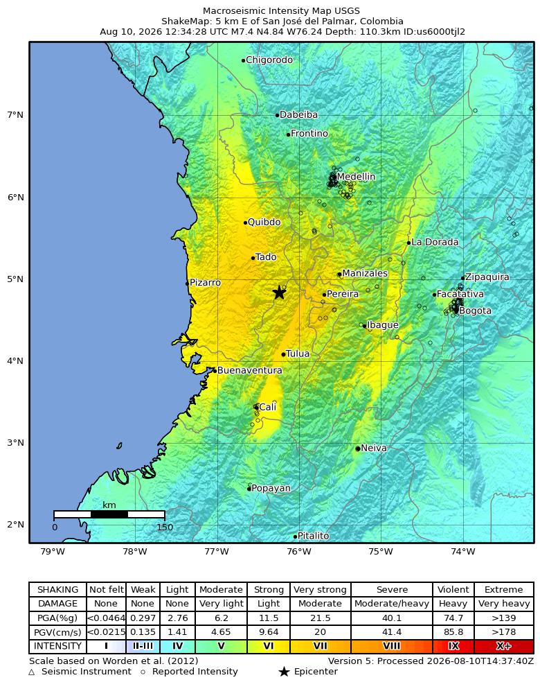 USGS ShakeMap intensity contours for the M7.4 earthquake near 5 km S of San José del Palmar, Colombia