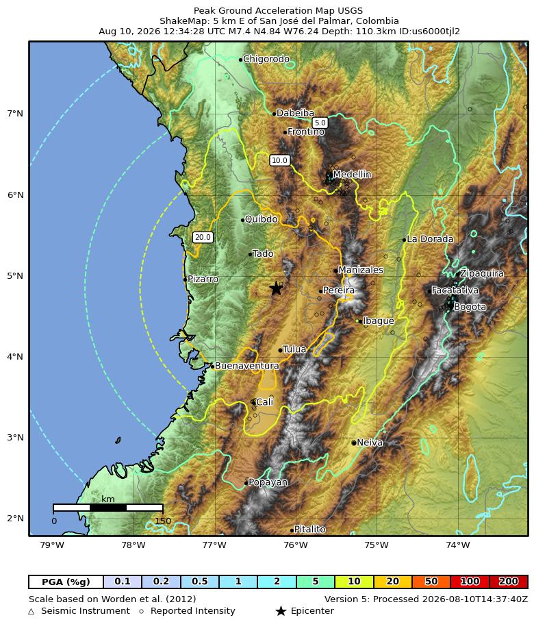 Mapa USGS de aceleración máxima del suelo por el terremoto en Colombia