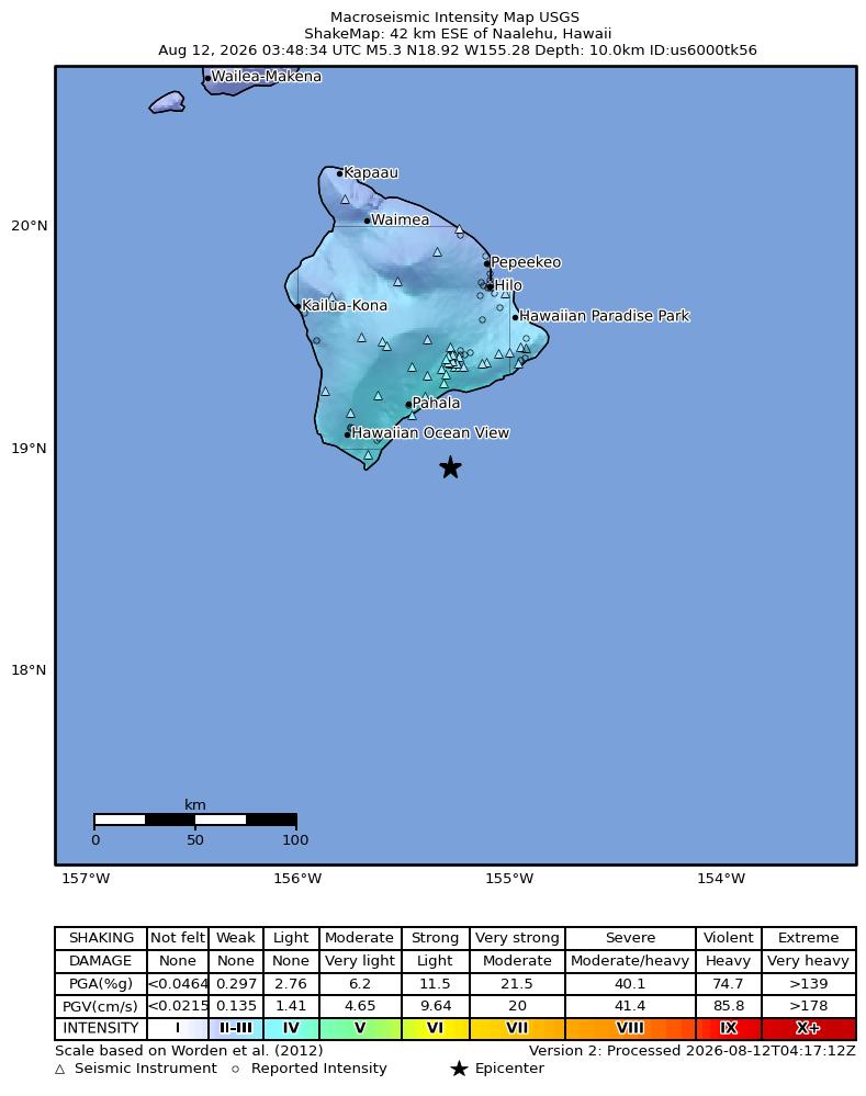 USGS ShakeMap intensity contours for the M5.2 earthquake near 42 km ESE of Naalehu, Hawaii