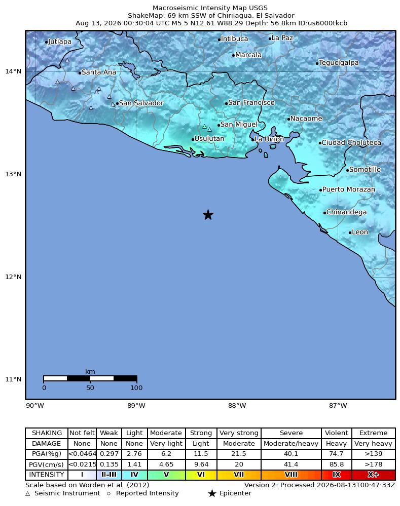 USGS ShakeMap intensity contours for the M5.5 earthquake near 69 km SSW of Chirilagua, El Salvador