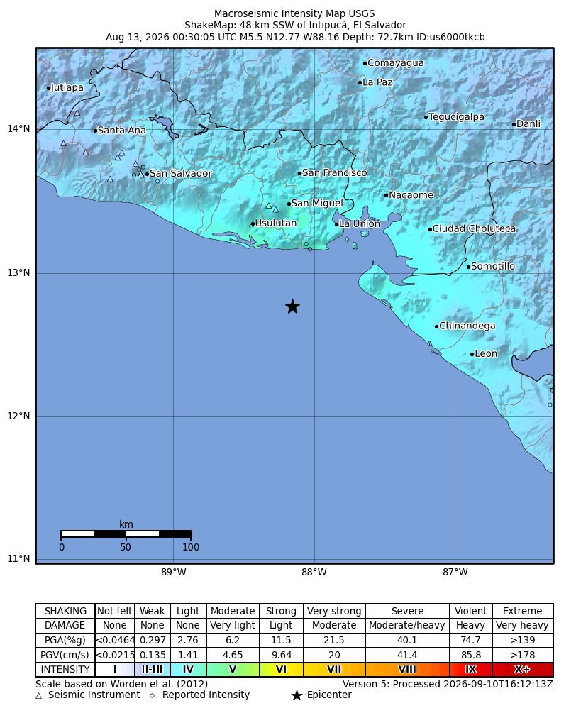 USGS ShakeMap intensity contours for the M5.5 earthquake near 48 km SSW of Intipucá, El Salvador