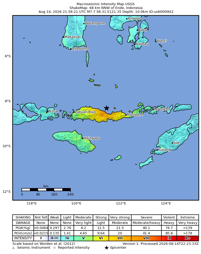 USGS ShakeMap intensity contours for the M7.7 earthquake near 68 km NNW of Ende, Indonesia