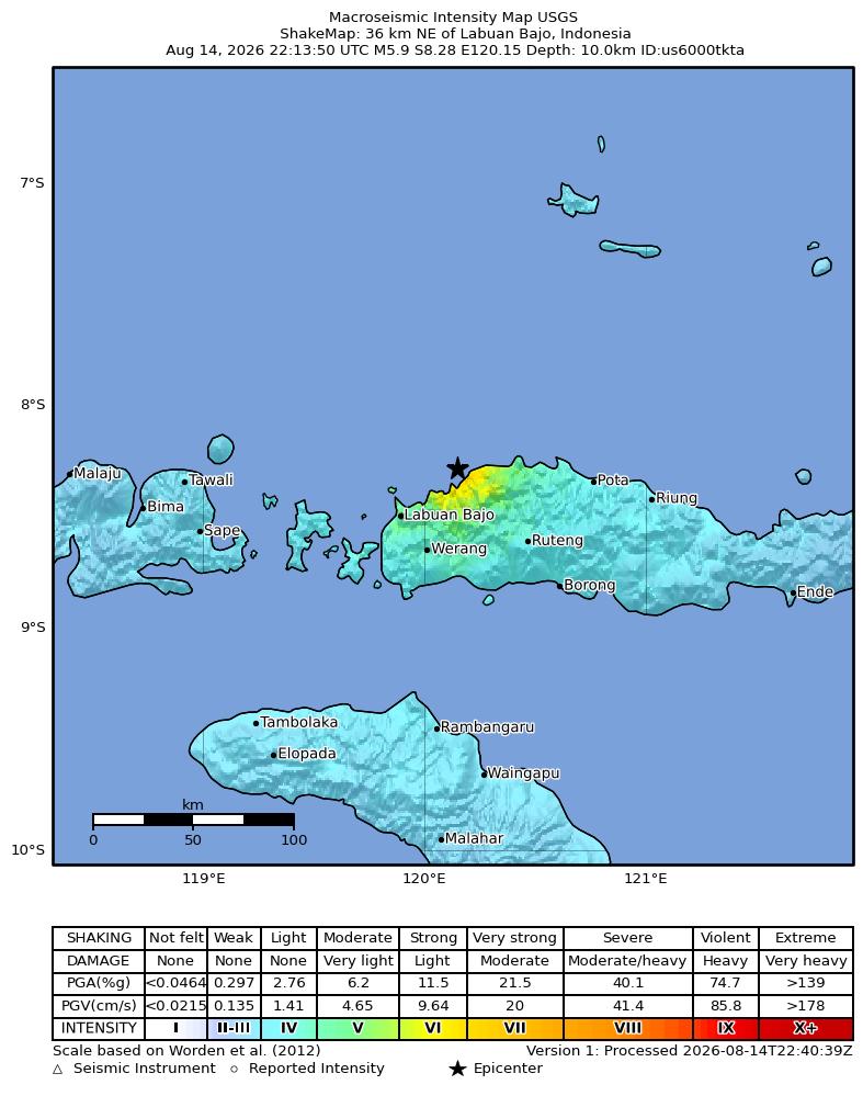 USGS ShakeMap intensity contours for the M5.9 earthquake near 36 km NE of Labuan Bajo, Indonesia
