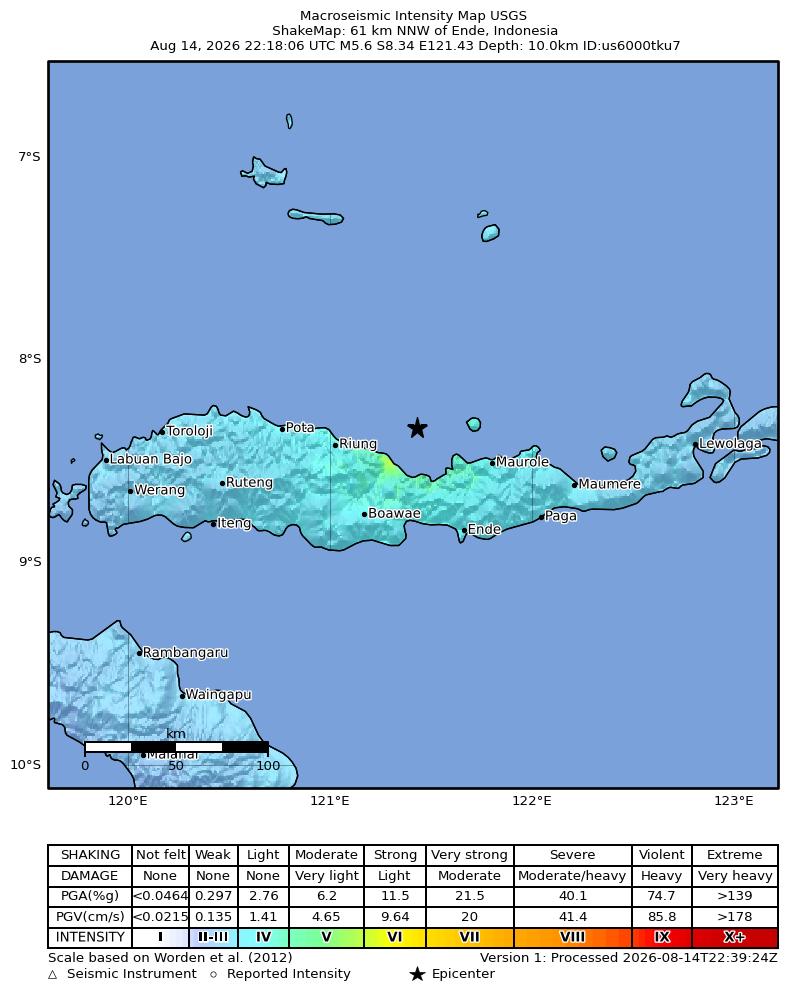 USGS ShakeMap intensity contours for the M5.6 earthquake near 61 km NNW of Ende, Indonesia
