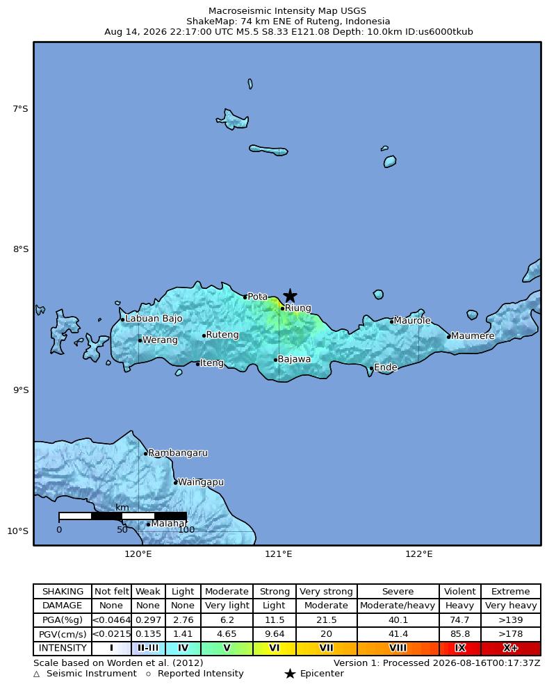 USGS ShakeMap intensity contours for the M5.5 earthquake near 61 km ENE of Ruteng, Indonesia