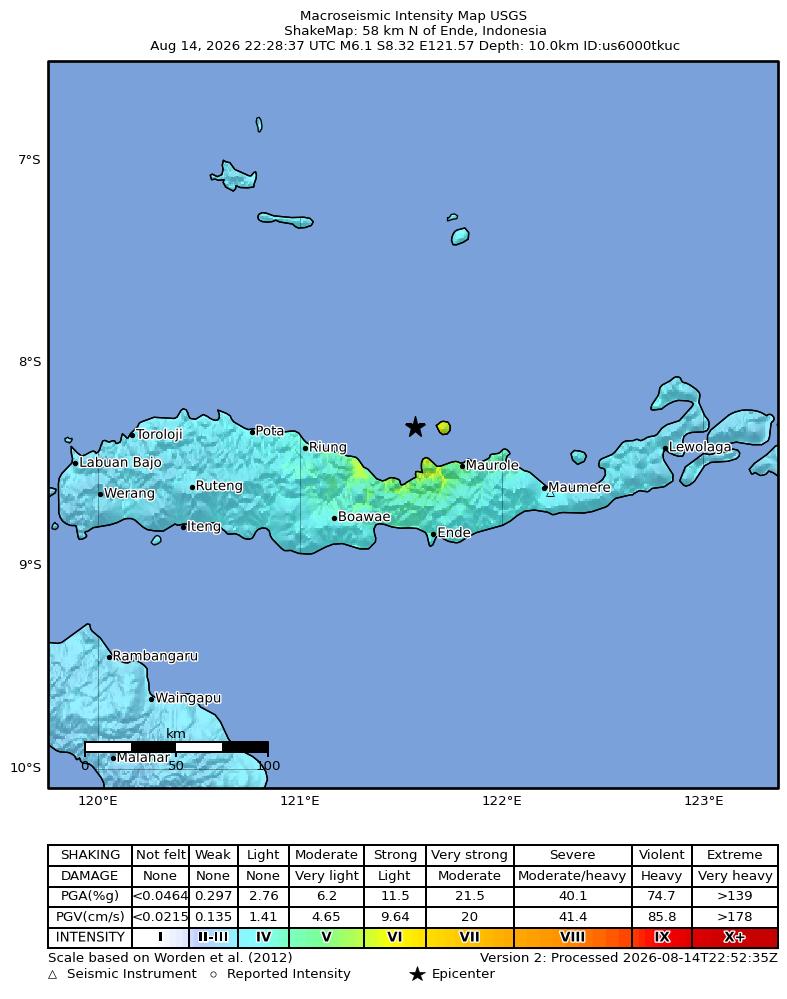 USGS ShakeMap intensity contours for the M6.1 earthquake near 58 km N of Ende, Indonesia