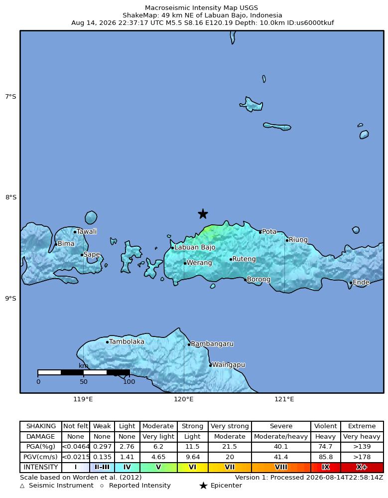 USGS ShakeMap intensity contours for the M5.5 earthquake near 49 km NE of Labuan Bajo, Indonesia