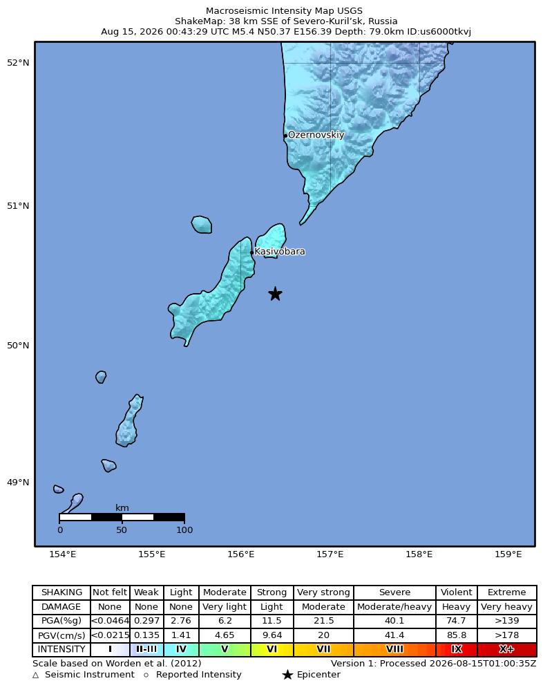 USGS ShakeMap intensity contours for the M5.4 earthquake near 38 km SSE of Severo-Kuril’sk, Russia