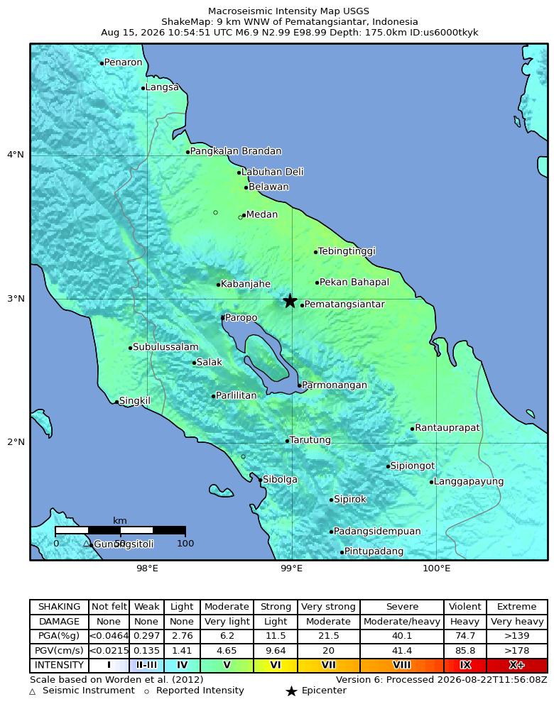 USGS ShakeMap intensity contours for the M6.9 earthquake near 9 km WNW of Pematangsiantar, Indonesia