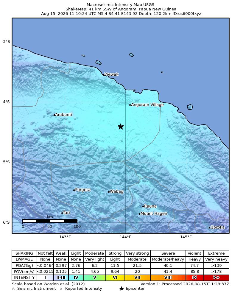 USGS ShakeMap intensity contours for the M5.4 earthquake near 41 km SSW of Angoram, Papua New Guinea