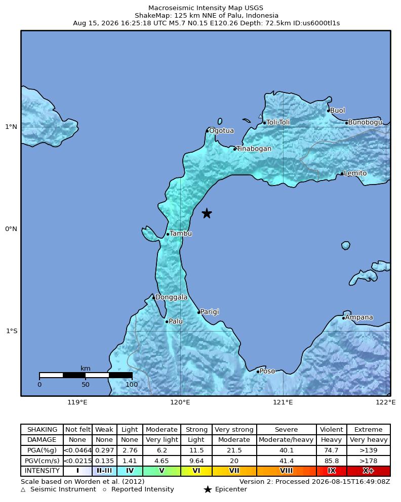 USGS ShakeMap intensity contours for the M5.7 earthquake near 125 km NNE of Palu, Indonesia