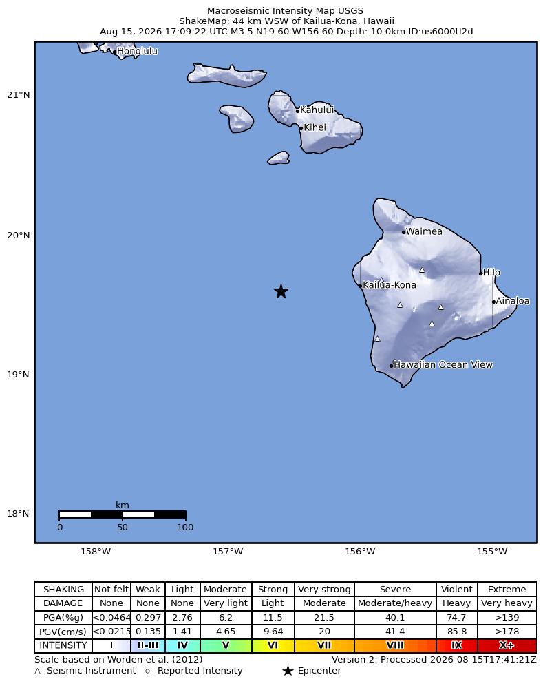 USGS ShakeMap intensity contours for the M3.4 earthquake near 44 km WSW of Kailua-Kona, Hawaii
