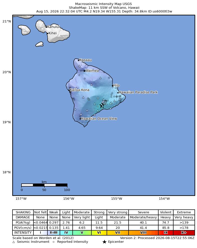 USGS ShakeMap intensity contours for the M3.7 earthquake near 11 km SSW of Volcano, Hawaii