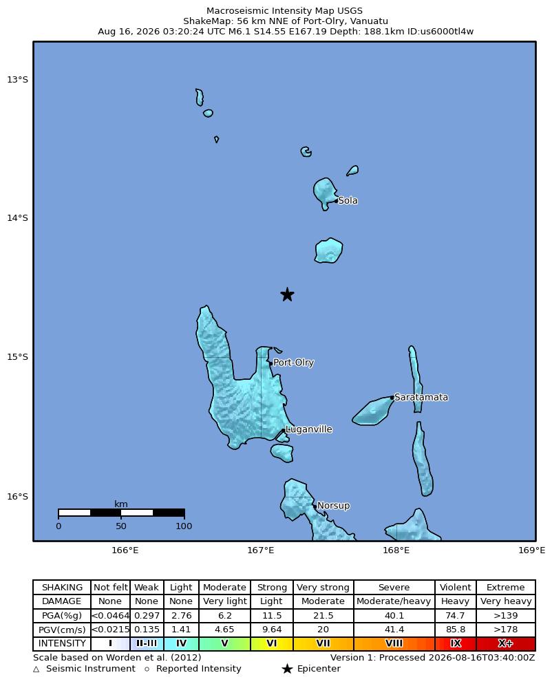 USGS ShakeMap intensity contours for the M6.1 earthquake near 56 km NNE of Port-Olry, Vanuatu