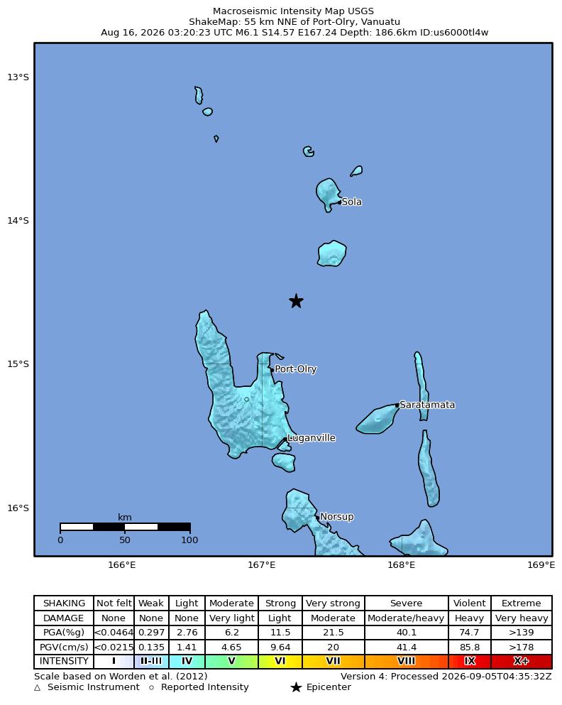 USGS ShakeMap intensity contours for the M6.1 earthquake near 55 km NNE of Port-Olry, Vanuatu