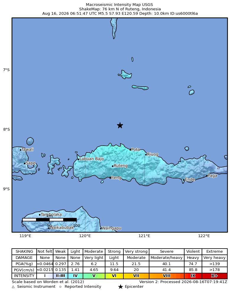 USGS ShakeMap intensity contours for the M5.5 earthquake near 76 km N of Ruteng, Indonesia