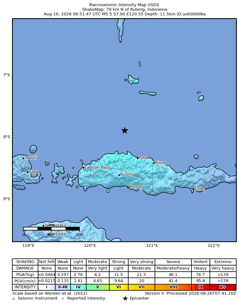 USGS ShakeMap intensity contours for the M5.5 earthquake near 79 km N of Ruteng, Indonesia