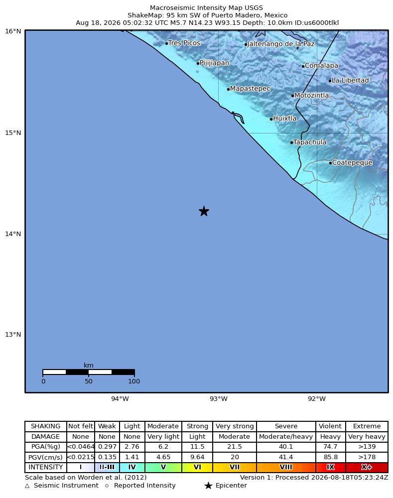 USGS ShakeMap intensity contours for the M5.7 earthquake near 95 km SW of Puerto Madero, Mexico