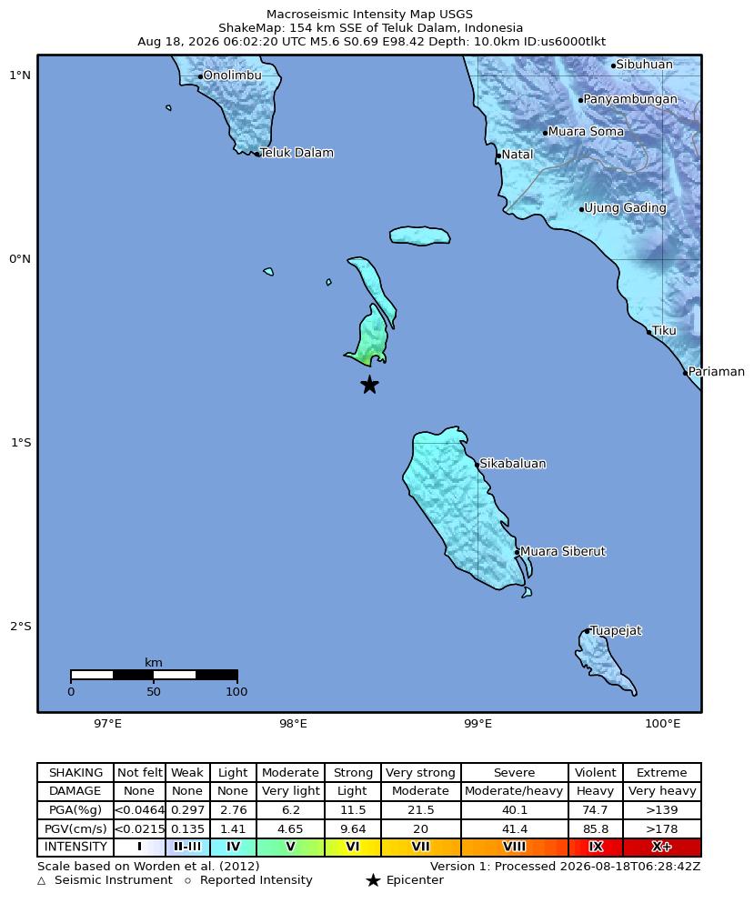 USGS ShakeMap intensity contours for the M5.6 earthquake near 154 km SSE of Teluk Dalam, Indonesia