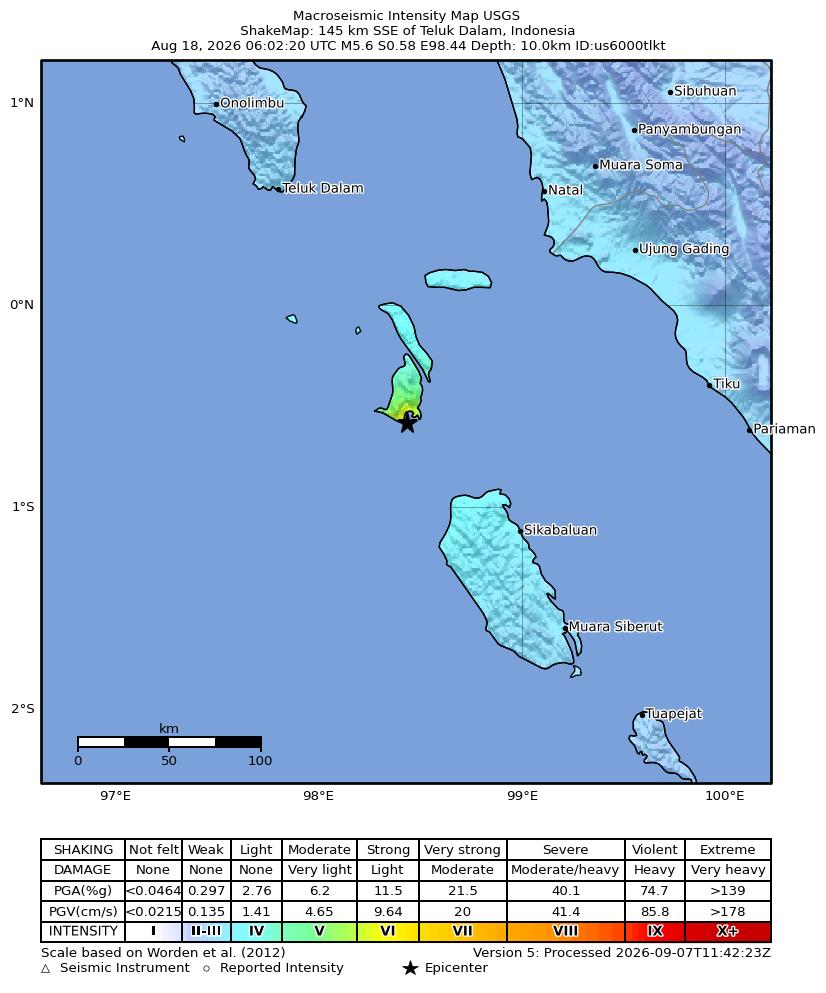 USGS ShakeMap intensity contours for the M5.6 earthquake near 145 km SSE of Teluk Dalam, Indonesia