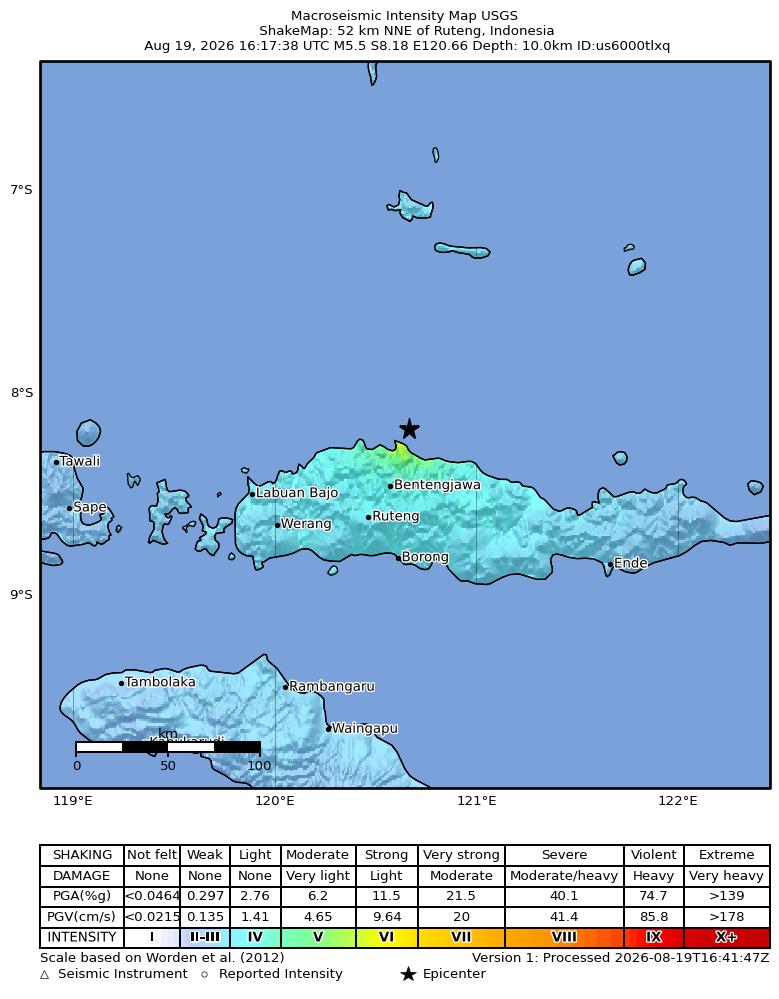 USGS ShakeMap intensity contours for the M5.5 earthquake near 52 km NNE of Ruteng, Indonesia