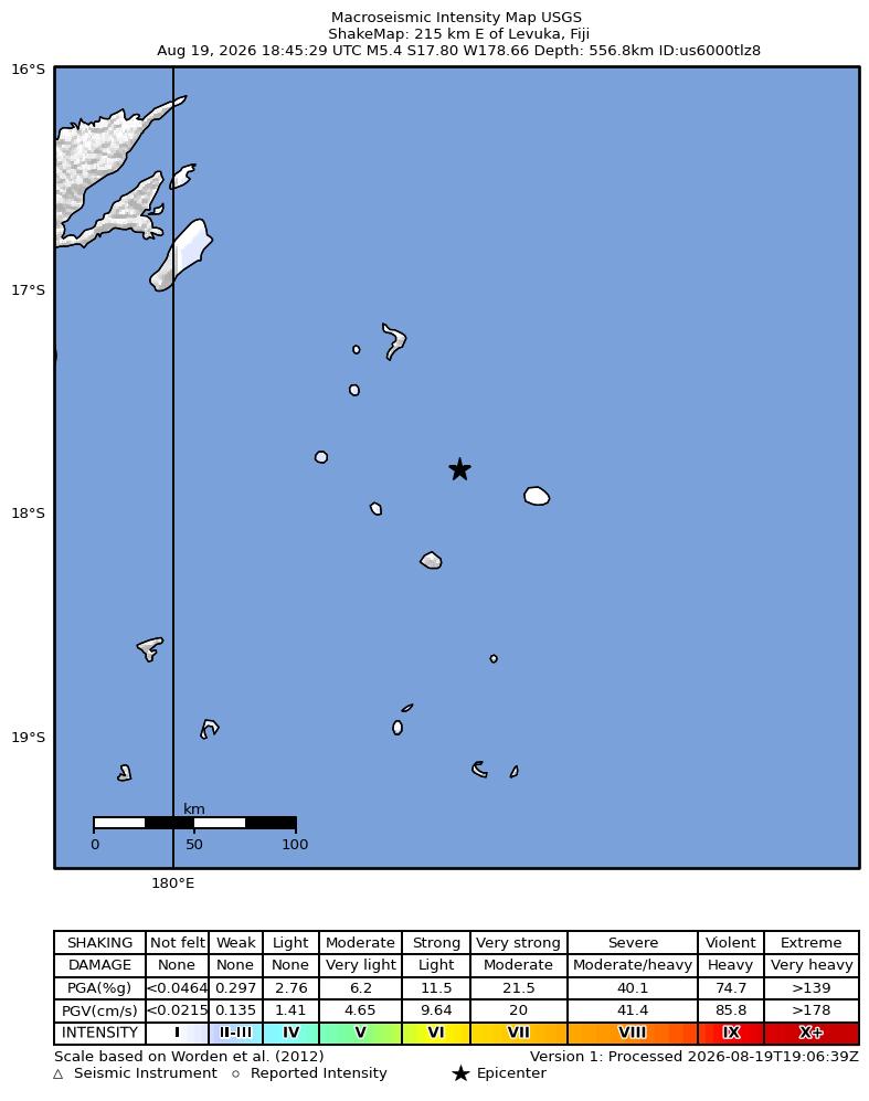 USGS ShakeMap intensity contours for the M5.4 earthquake near 215 km E of Levuka, Fiji