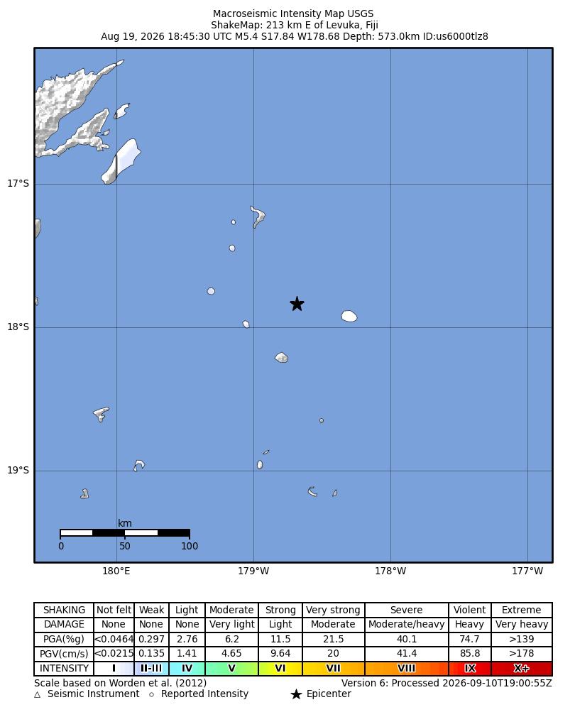 USGS ShakeMap intensity contours for the M5.4 earthquake near 213 km E of Levuka, Fiji