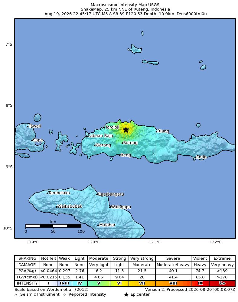 USGS ShakeMap intensity contours for the M5.8 earthquake near 25 km NNE of Ruteng, Indonesia