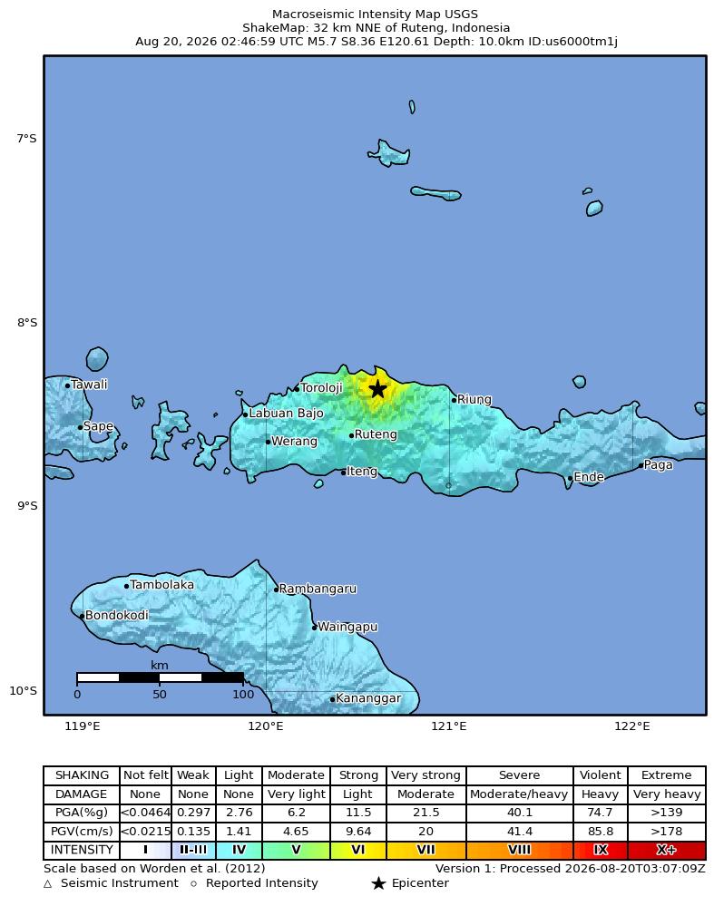 USGS ShakeMap intensity contours for the M5.7 earthquake near 32 km NNE of Ruteng, Indonesia