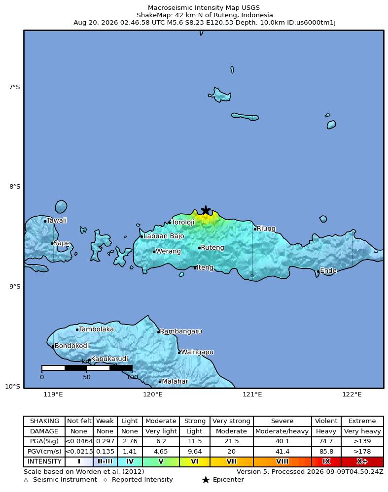 USGS ShakeMap intensity contours for the M5.6 earthquake near 42 km N of Ruteng, Indonesia