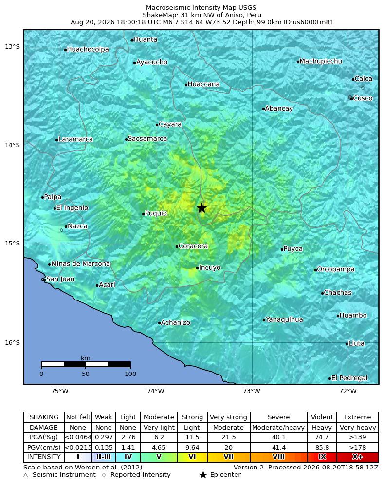 USGS ShakeMap intensity contours for the M6.7 earthquake near 31 km NW of Aniso, Peru